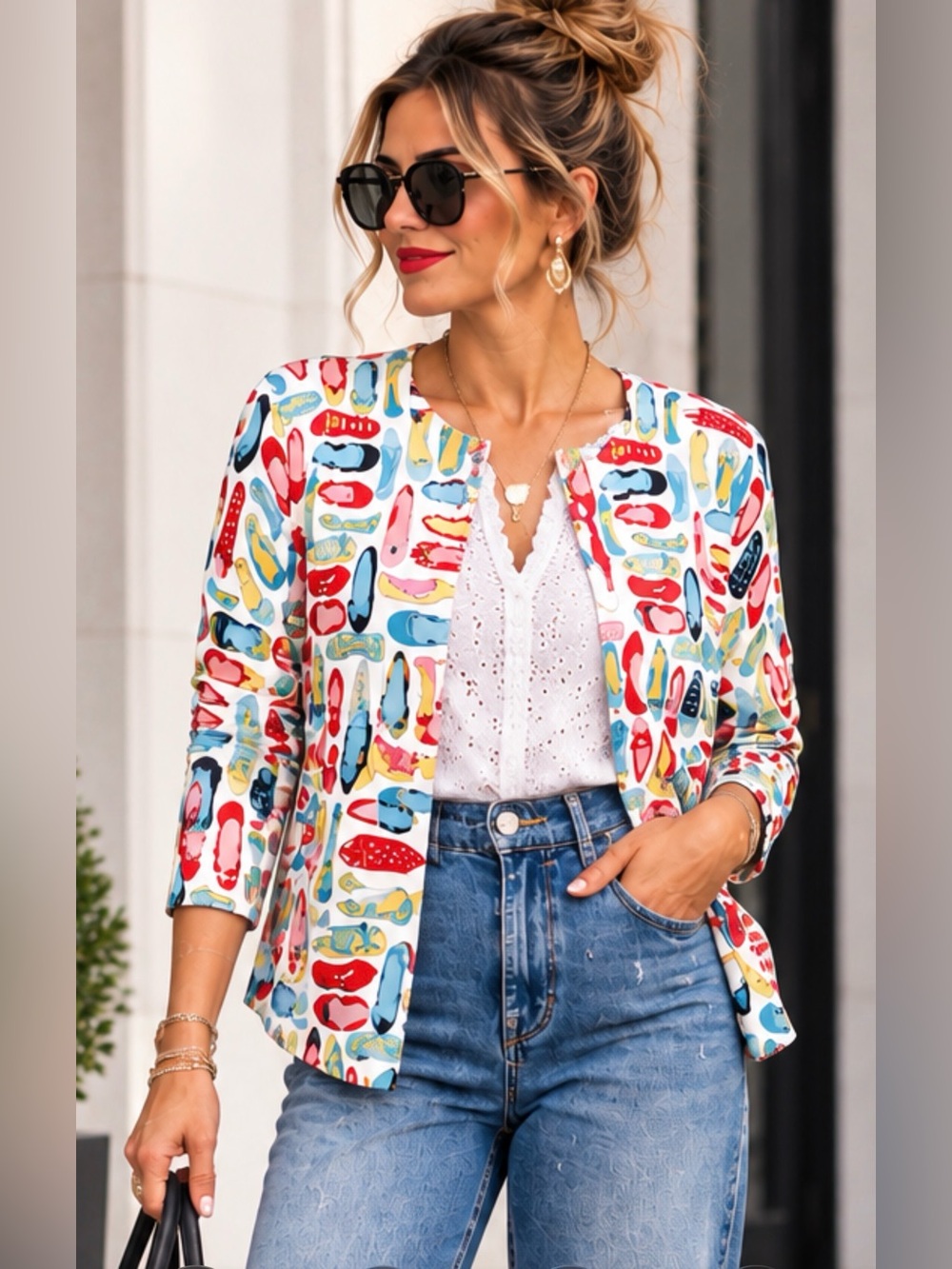 Talbots Cute Shoe Sweater - White Cardigan with Multicolor Shoe Print
